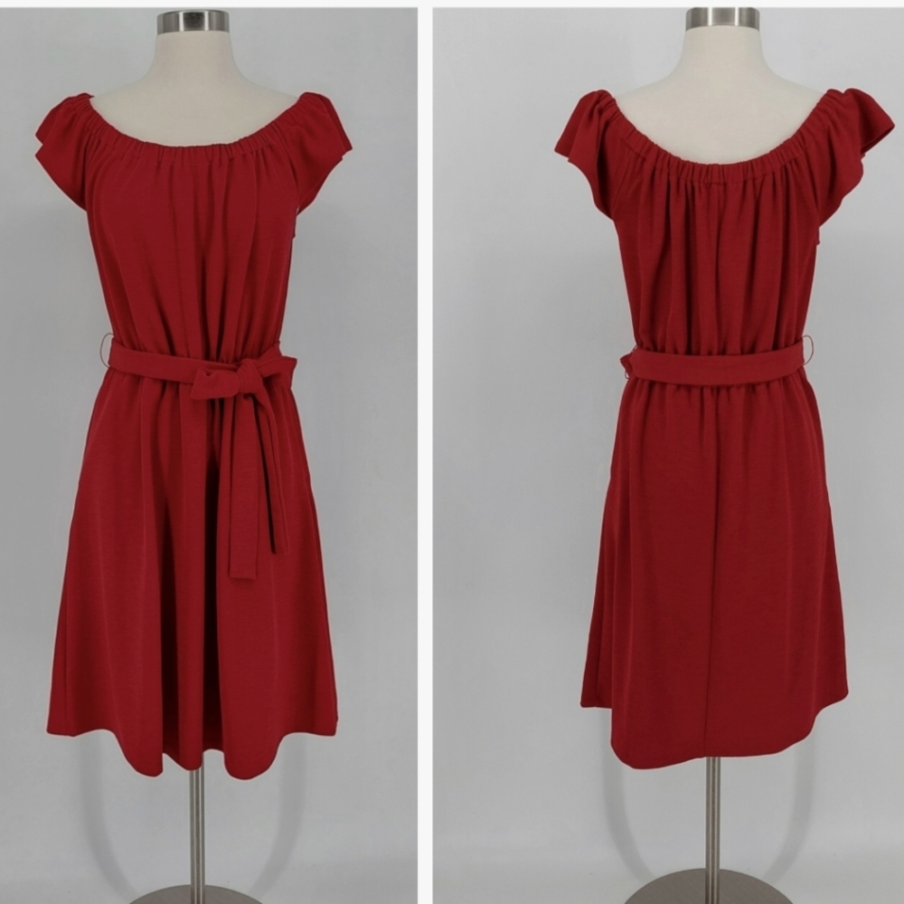 Banana Republic Red Flutter Sleeve Belted Dress, Sz M